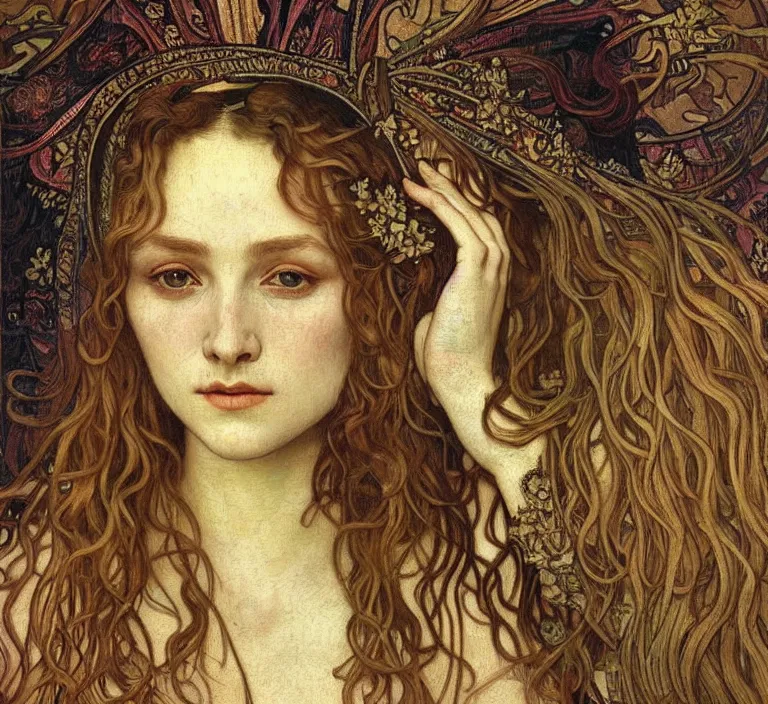 Image similar to detailed realistic beautiful young medieval queen face portrait by jean delville, alphonse mucha, vincent van gogh, and marco mazzoni, art nouveau, symbolist, visionary, gothic, pre - raphaelite