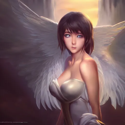 Image similar to an oil painting of a beautiful anime girl with angel wings, by artgerm, hd, hdr, ue 5, ue 6, unreal engine 5, cinematic 4 k wallpaper, 8 k, ultra detailed, high resolution, artstation, award winning