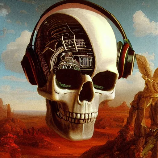 Prompt: a painting by Thomas Cole of a vaporwave robot skull wearing headphones highly detailed chromatic 3d rendering from 1996