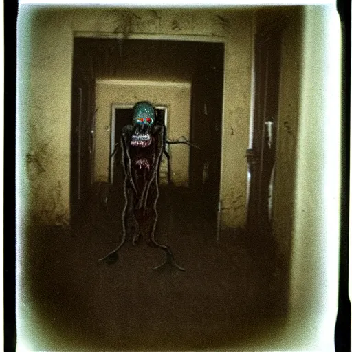 Image similar to a terrifying zombie at the end of a hallway, dark!, creepy, nightmare fuel!!!, fungus monster, horror, horrifying, unsettling, uncanny valley!, old polaroid, expired film,