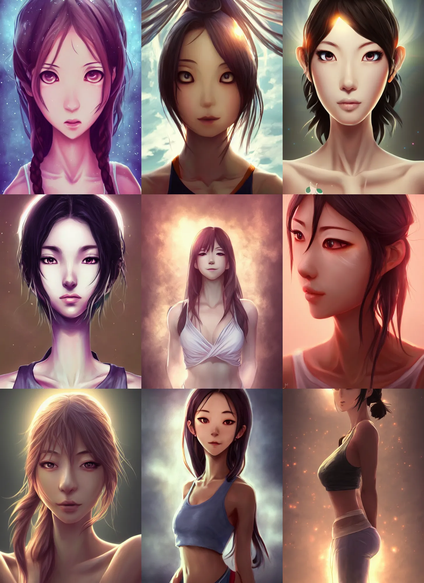 Prompt: very detailed full body portrait of yoga instructor, anime, fantasy, beautiful, pretty face, white eyes, slender, dreamy aesthetic, 4 k, sun yunjoo, cartoon style, aura of light, cinematic lighting, highly detailed, sharp focus, artstation, masterpiece, art by hyungjin yang