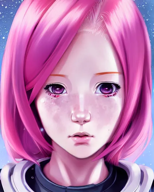 Image similar to portrait Anime pink haired space cadet girl Anna Lee Fisher anime cute-fine-face, pretty face, realistic shaded Perfect face, fine details. Anime. realistic shaded lighting by Ilya Kuvshinov Giuseppe Dangelico Pino and Michael Garmash and Rob Rey, IAMAG premiere, aaaa achievement collection, elegant freckles, fabulous, daily deviation, annual award winner