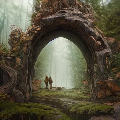 Image similar to a large rock arch is a portal to another dimension, surrounded by misty forest, people wait to enter, D&D, fantasy, intricate, highly detailed, digital painting, artstation, concept art, smooth, sharp focus, illustration, art by artgerm and greg rutkowski and alphonse mucha