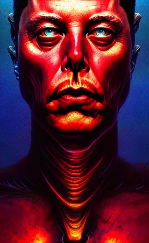 Image similar to a striking full body portrait of elon musk the eldritch god - creature by moebius and beksinski and artgerm, detailed artwork, realism, 4 k resolution, detailed, high quality, sharp focus, hq artwork, insane detail, volumetric lighting, character concept art, fine details, tarot card, clear subject