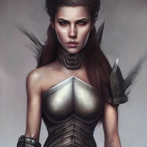 Image similar to full body portrait of a riveting and striking warrior woman!!!, armored, adorable, elegant and pretty face, slick hair, realistic shaded perfect face, outstanding details, realistic shaded lighting, dynamic background, artgerm, tom bagshaw, 8 k ultra - realistic, highly detailed, kan liu