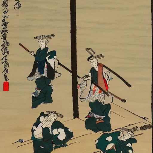 Prompt: seven man stand on top of hill beneath rice field, medieval japan art, watercolor, high detail, 8k, famous paint