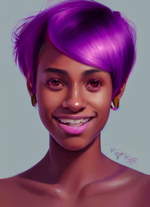 Image similar to portrait of vanessa morgan, black teenage girl, pink hair, pixie haircut, purple cap, hoop earrings, subtle confident smile, intricate, elegant, glowing lights, highly detailed, digital painting, artstation, concept art, sharp focus, illustration, art by wlop, mars ravelo and greg rutkowski