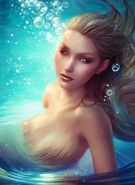 Prompt: very beautiful mermaid, artgerm, artstation, 4 k, top light, bubbles, magical, detailed,