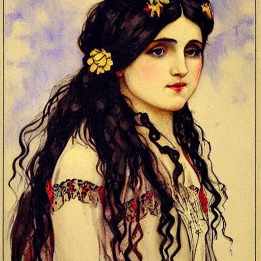 Prompt: gypsy girl, dark hair, art nouveau, jugendstil