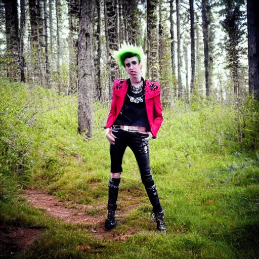 Prompt: Punk rocker with spike hair in a green boreal forest