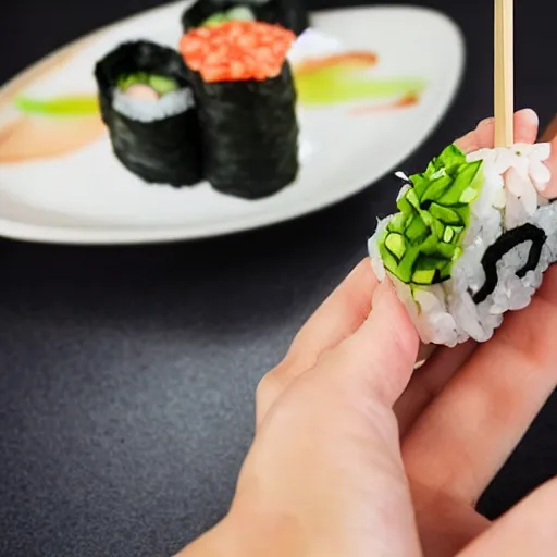 Image similar to a hand with tentacles instead of fingers, reaching out with chopsticks to take a piece of sushi