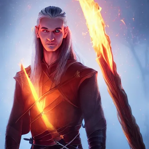 Prompt: Legolas wearing tattered outfit holding a glowing fire magical staff. Trending on Artstation, octane render, ultra detailed, art by Ross tran