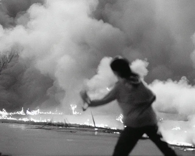 Prompt: a movie still from 'A Goose Set my House on Fire', 40mm tape, film roll, grainy