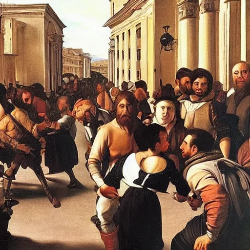 Image similar to Peoples of Minsk city painted by Caravaggio, natural light, very detailed, 2022