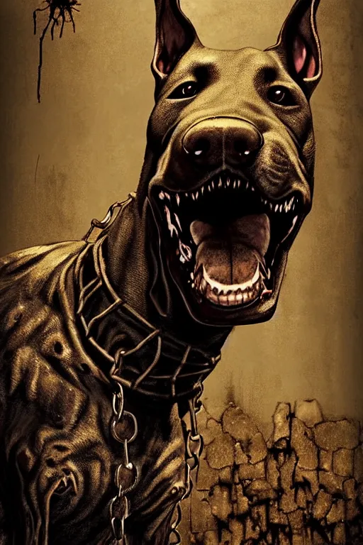 Prompt: a big zombie dog, silent hill concept art, doberman, spiked collar, advancing in a dark halley toward the camera, ready to jump, front view, ruined brick walls encrusted of rust and mold, blocked windows, night scene, digital art, smooth, very realistic, resident evil, by artgerm and florian herold, artstation hq