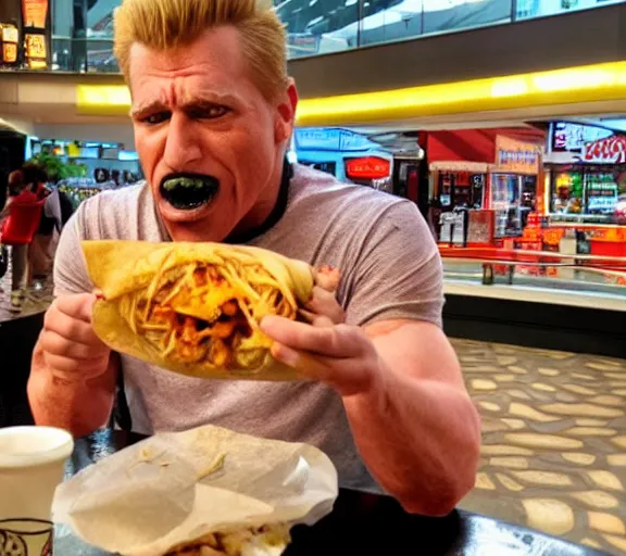 Image similar to duke nukem eating a burrito in a shopping mall