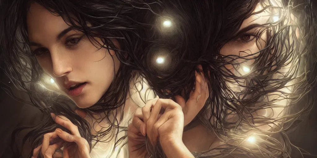 Image similar to many hands, gnarled fingers, intense black eyes, intense black hair, many mouths, just hands and eyes and mouths, intense lighting, light beams, lens flare, intricate, elegant, highly detailed, digital painting, artstation, concept art, smooth, sharp focus, illustration, art by artgerm and greg rutkowski and alphonse mucha