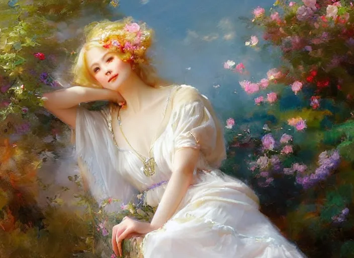 Prompt: blonde goddess in a summer dress by wlop and vladimir volegov and alexander averin and delphin enjolras and daniel f. gerhartz