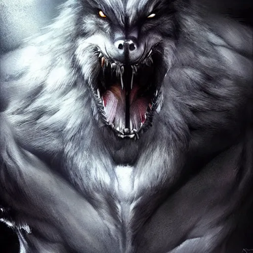 Image similar to wolf werewolf wolfman furry hairy fluffy bodybuilder monster scary creature. natural lighting by ruan jia, portrait