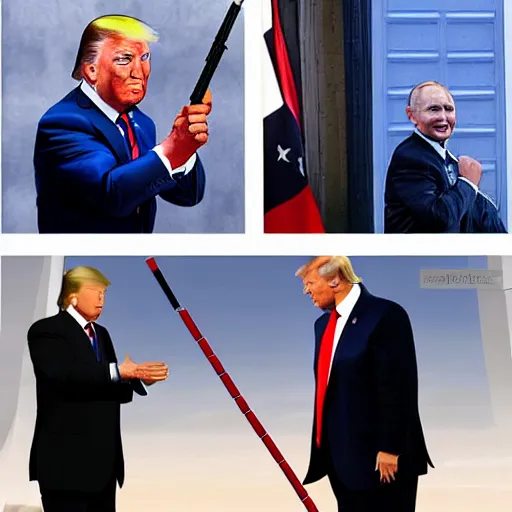 Image similar to putin, trump, obama and bush are having a lightsabber fight and smiling