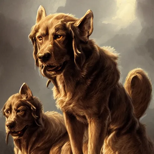 Image similar to a portrait of cerberus the three headed dog, gatekeeper of hell, greek mythology, hades, hyper realistic, very detailed, in the style of greg rutkowski