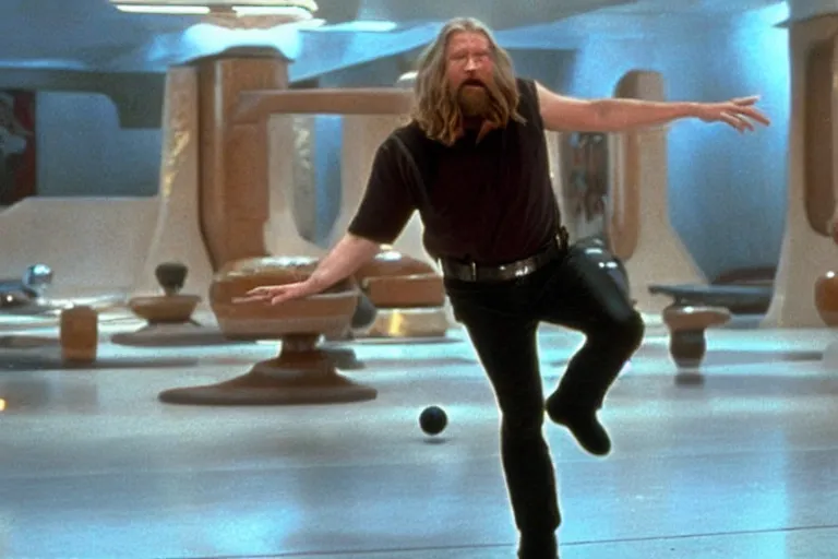 Image similar to A movie shot from Star Wars, The Dude from The Big Lebowski using the force on bowling balls making them levitate above the ground, on Degobah