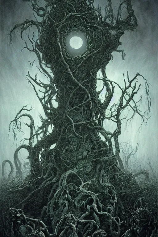 Image similar to the unnameable in lovecraft's dreamlands with the watchers out of time. dark surrealism by michael whelan, dariusz zawadzki, beksinski and chris mars