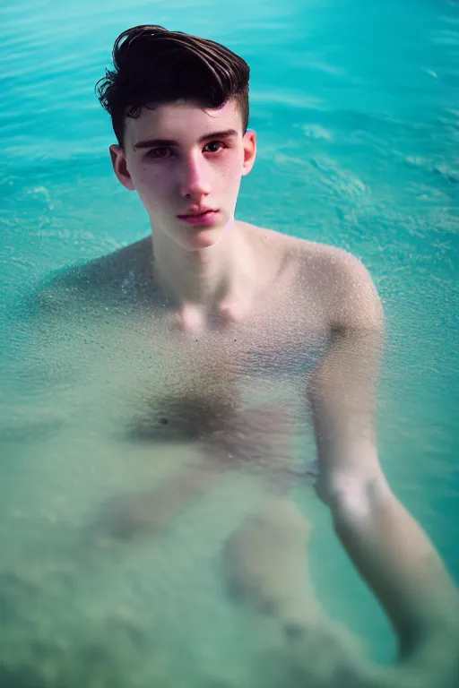 Image similar to high quality pastel coloured film mid angle docu photograph of a beautiful young 2 0 year old male, soft features, short black hair, swimming, jumping in an icelandic black rock pool environment. atmospheric. three point light. photographic. art directed. ( pastel colours ). volumetric light. clearcoat. waves glitch. 8 k. filmic.