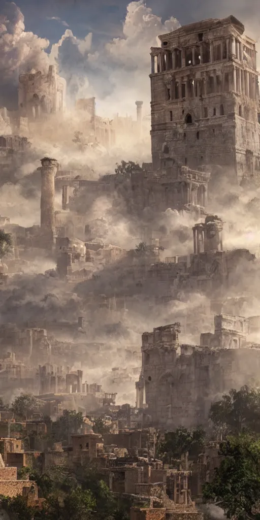 Image similar to epic view of an ancient Byzantine city surrounded by clouds, Giant imposing tower, full of strange statues and murals, full of smoke and dust, hyper real, Indiana Jones, Tomb Raider, trending on artstation, concept art, photorealistic, cinematic, city