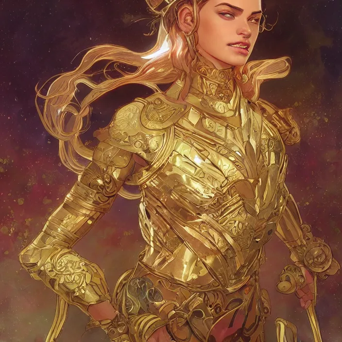Prompt: gatot kaca as super heroes, closed up portrait, highly detailed, gold filigree, fantasy, soft cinematic lighting, award, disney concept art, watercolor illustration by mandy jurgens and alphonse mucha and alena aenami, pastel color palette, featured on artstation