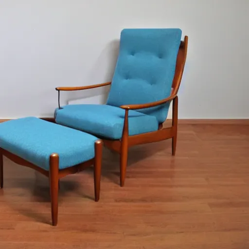 Image similar to a soft comfortable long chair, birch wood, tall, mid century modern, with an antique blue cotton ottoman