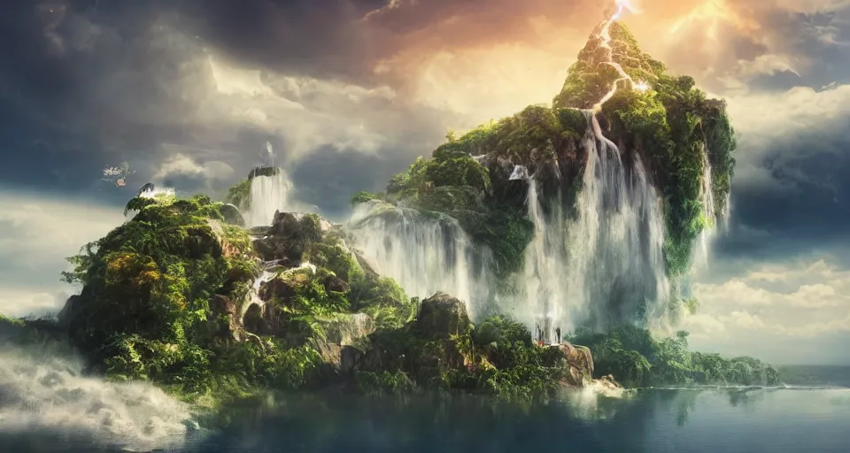 Image similar to A magnificent floating island in the sky above the sea, waterfall falling down, epic lighting, epic composition, cinematic, highly detailed, 4k