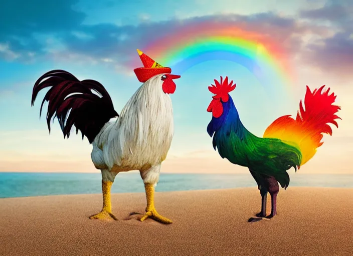 Image similar to A rooster wearing a fedora, standing on top of a unicorn at the beach, with rainbow in the sky
