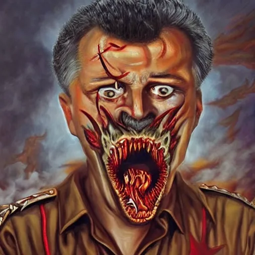 Image similar to igor ivanovich strelkov became an angry degraded satanic hellfire demonic abomination and calling for total mobilization, photo - realistic, color image, 2 k, highly detailed, bodyhorror, occult art