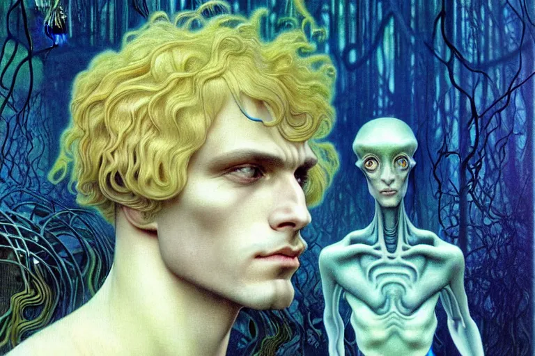 Image similar to realistic detailed portrait painting of a beautiful ghost man with blond hair with an alien, futuristic sci-fi forest on background by Jean Delville, Amano, Yves Tanguy, Alphonse Mucha, Ernst Haeckel, Edward Robert Hughes, Roger Dean, rich moody colours, blue eyes