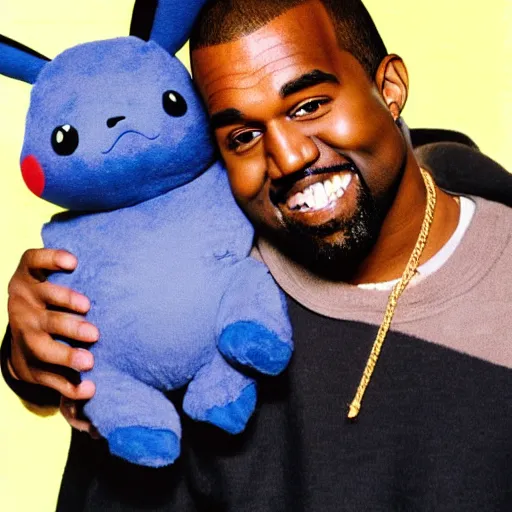 Image similar to Kanye West smiling and holding pikachu for a 1990s sitcom tv show, Studio Photograph, portrait C 12.0