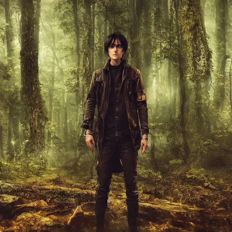 Image similar to eren yeager wearing a cyberpunk suit in a cyberpunk forest, beautiful face, stunning, octane render 8 k hdr, redshift render, rule of thirds, cinematic lighting, rainy weather, melancholy atmosphere, sharp focus, backlit, smooth, hard focus, full body shot, instagram photo, shot on sony a 7 iii, hyper realistic, cinematic