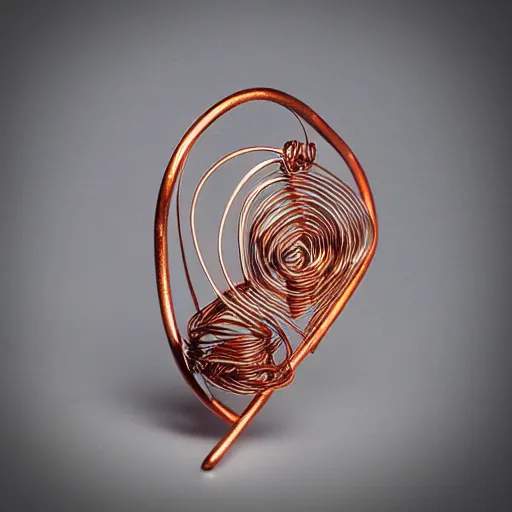 Image similar to a very beautiful tiny human heart organic sculpture made of copper wire and threaded pipes, very intricate, curved. studio lighting, high resolution, high quality, black background