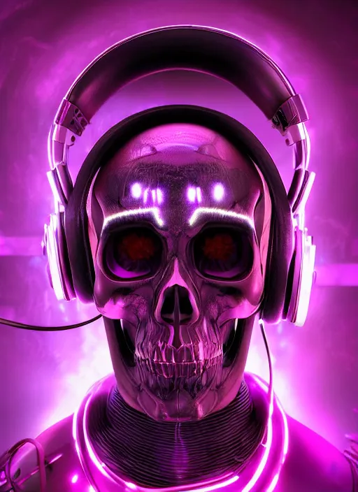 Image similar to a futuristic skull wearing headphones with glowing eyes and a purple background, cyberpunk art by android jones, behance contest winner, computer art, darksynth, synthwave, rendered in cinema 4 d