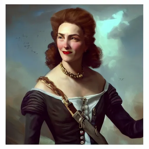 Image similar to smiling, beautiful, intelligent female pirate captain 3 5 years old, 1 9 4 0 s haircut, fully clothed, wise, beautiful, 1 7 5 0 s oil painting, dramatic lighting, trending on artstation, sharp focus