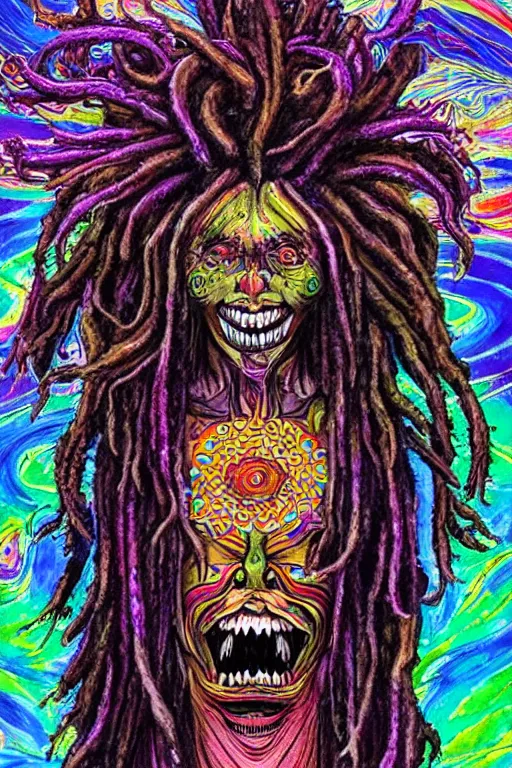 Image similar to a chaotic psychedelic monster with dreadlocks, cosmic horror