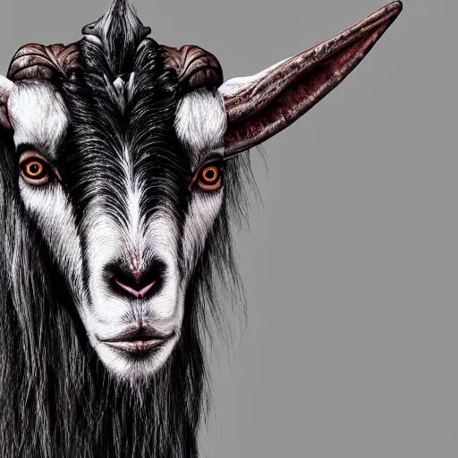 Prompt: creepy goat with deteriorated skin, burnt, dark, horror face, scary, dark, photorealistic, surreal, cosmic horror, 8 k, extreme details, detailed face