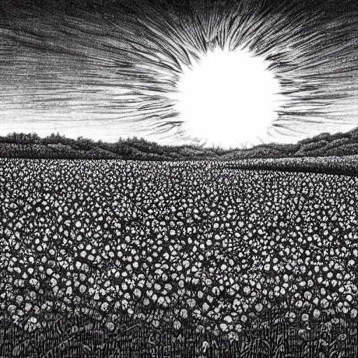 Image similar to A sunflower field at night by Kentaro Miura, highly detailed, black and white