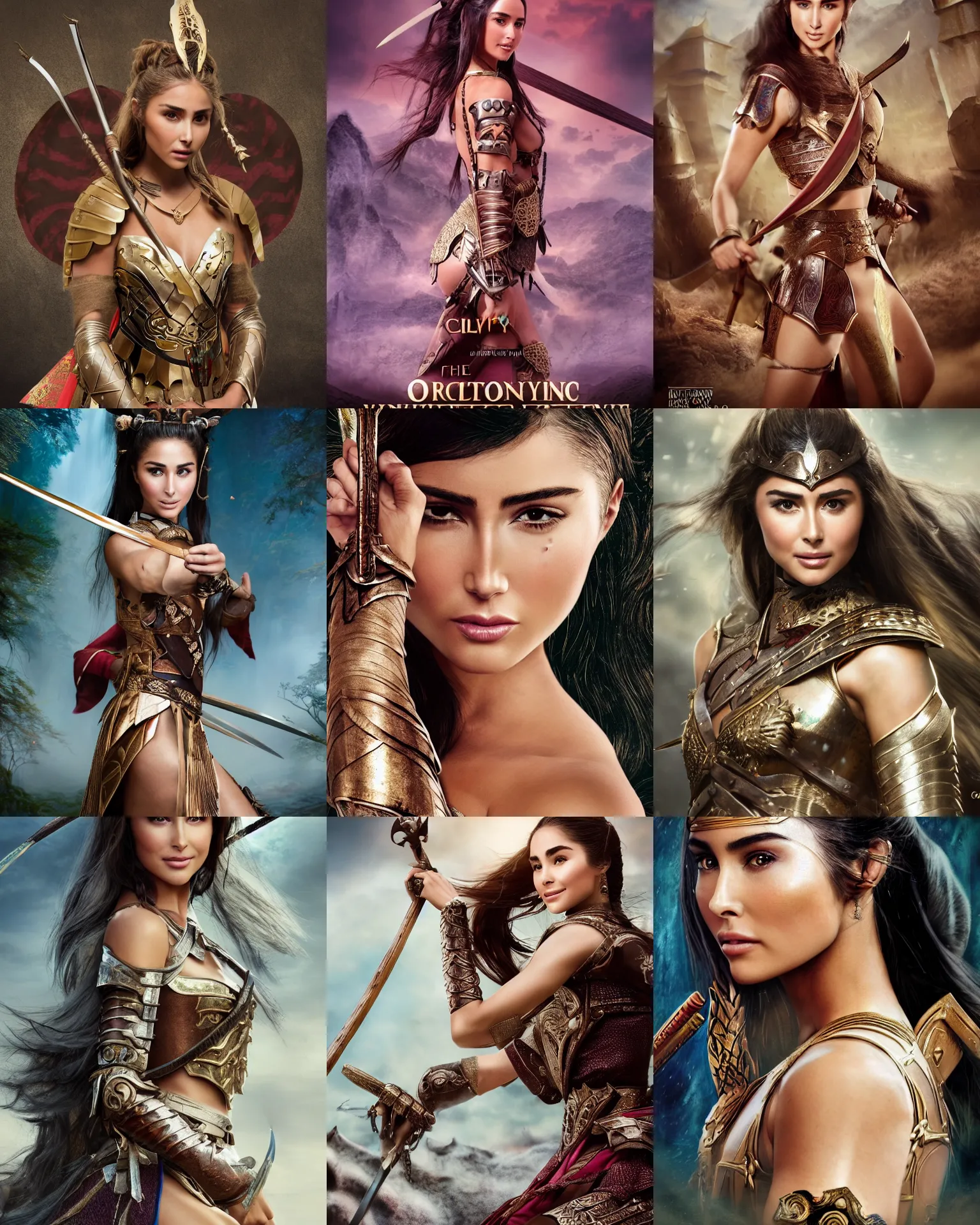 Prompt: fantasy movie poster of Olivia Culpo as a warrior princess in feudal japan, background: battle scene, clear makeup, clean hair, dry skin, clear skin, airbrushed, bright eye makeup, warrior body, photo by mario testino, 8k octane render, cinematic, hyper detailed, micro details, insanely detailed, trending on artstation, concept art, Peter Paul Rubens and Peter Mohrbacher style