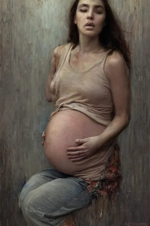 Image similar to pregnant woman in t-shirt by Alyssa Monks, Gaston Bussiere. full-shot, urban dystopia, hyper realism, realistic proportions, dramatic lighting, high detail 4k