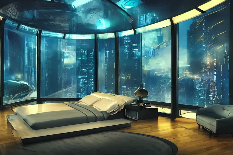 Image similar to a futuristic bedroom with large curved ceiling high windows looking out to a far future cyberpunk cityscape, cyberpunk neon lights, raining, scifi