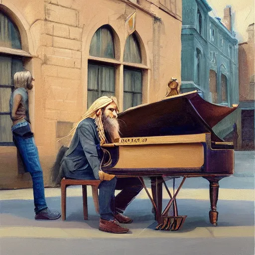 Image similar to oil painting of a young man with long hair blond and a beard hippie style with his golden retrever dog playing piano in the square for money, people watching around, by greg rutkowski, artstation