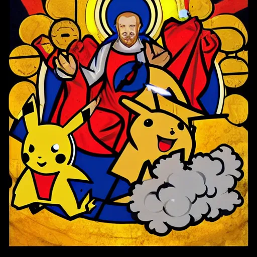 Image similar to digital art, trending on artstation, pikachu firing a thunderbolt at the holy family from barcelona