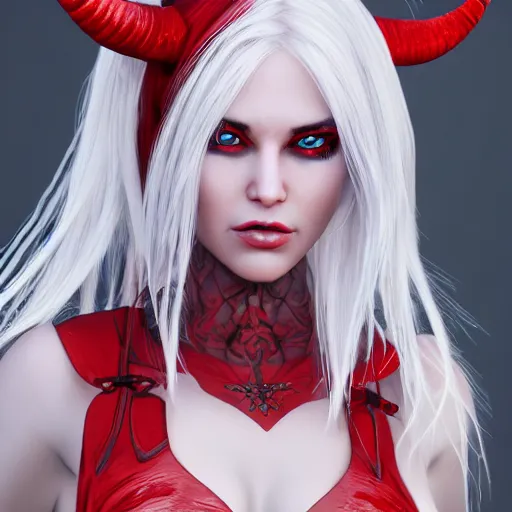Image similar to a highly detailed portrait of a humanoid demon girl with white hair, red horns, in white clothes, red eyes artstation, deviantart, professional, unreal engine 5, photorealistic