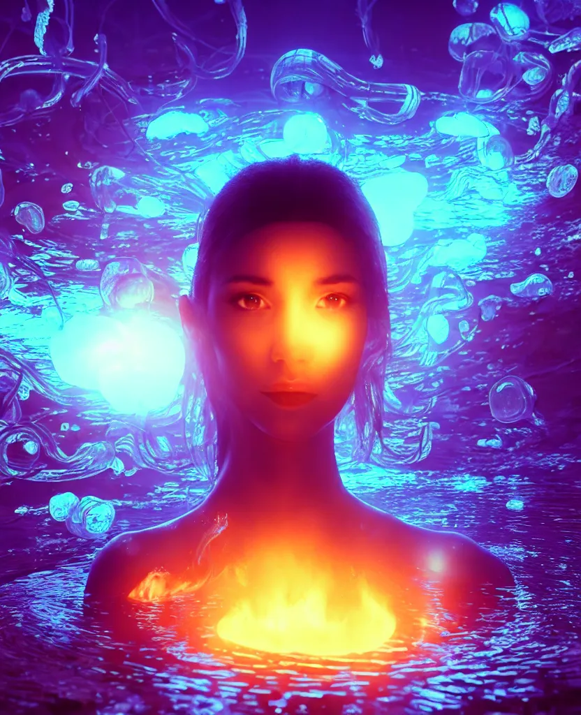 Image similar to close-up portrait of a beautiful girl floating in ethereum surrounded by floating jellyfish, energy flows of fire and water, flashes of plasma, 3d with depth of field, blurred background, a highly detailed epic cinematic concept art CG render. made in Maya, Blender and Photoshop, octane render, excellent composition, cinematic dystopian brutalist atmosphere, dynamic dramatic cinematic lighting, aesthetic, very inspirational, arthouse. y Greg Rutkowski, Ilya Kuvshinov, WLOP, Stanley Artgerm Lau, Ruan Jia and Fenghua Zhong